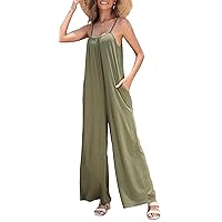 Women's Loose V Neck Sleeveless Jumpsuits Adjustable Spaghetti Strap Romper Casual Wide Legs Pants with Pockets