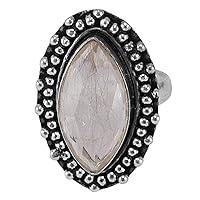 Silvesto India Natural Rutile Quartz Ring-Handmade Jewelry Manufacturer Silver Plated Ring Sz 7.5-Jaipur Rajasthan India Marquise Ring-Bezel Setting-Promise Ring