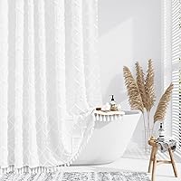 Dynamene Extra Long Shower Curtains, 84 Inches Long Boho Tufted Geometric Striped Fabric Shower Curtains for Bathroom, Tall Shabby Chic Waterproof Cloth Shower Curtain Set with Hooks, White, 72x84