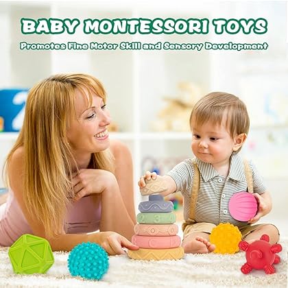 Springflower 3 in 1 Montessori Toys for Babies 0-3-6-12 Months, Soft Baby Teething Toys, Stacking Building Blocks for Infants, Sensory Developmental Education Toys for Toddler Baby 12-18 Months,23 PCS