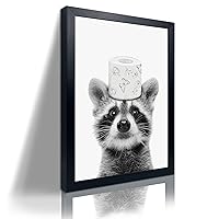 Funny Raccoon Framed Wall Art in Toilet,Black and White Toilet Paper Raccoon Canvas Wall Art Prints Farmhouse Bathroom Decor,Humor Animals Bathroom Painting Canvas Rustic Style Artwork(16