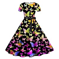XJYIOEWT Dresses to Wear to A Wedding,Women Print Round Neck Short Sleeve 1950s Evening Party Prom Dress Women's Wrap Ma