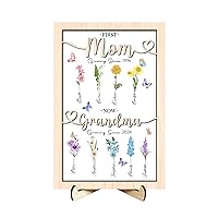Custom Birth Month Flower First Mom Now Grandma Garden Wood Sign,Personalized Family Name Sign Home Decor Wooden Plaque,Birthday Mothers Day Gift for Mom Grandma from Kids Daughter Son