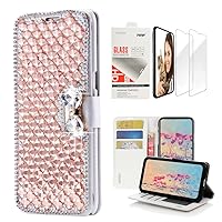 STENES Bling Wallet Phone Case Compatible with Samsung Galaxy A15 5G - Stylish - 3D Handmade Square Lattice Bowknot Leather Girls Women Cover with Screen Protector [2 Pack] - Champagne