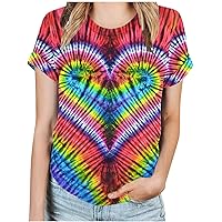 Love Herat Tie Dye T Shirts Women 2024 Summer Short Sleeve Rainbow Tee Tops Funny Print Casual Loose Fit Tredny Tops