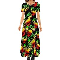 Rasta Lion Women's Summer Casual Short Sleeve Maxi Dress Crew Neck Printed Long Dresses