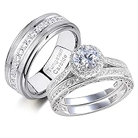 Newshe Wedding Rings Set for Him and Her Women Mens Tungsten Bands Round Cz 3Ct Sterling Silver Size 5-13