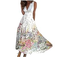 Summer Dress for Women Elegant A-Line V Neck Long Dress Boho Pleated Party Long Dress 2024