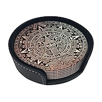 Mayan Calendar End of The World Print Leather Coaster Set of 6 Round Heat-Resistant Drink Coasters Round Cup Mat with Storage Case for Kitchen Bar Home Decor Housewarming Gift