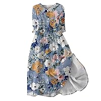 Dresses for Women 2024, Women's Retro Floral Print Lapel Button Three Quarter Sleeve Dress 3/4 Spring, S, 3XL