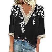 V Neck Shirts for Women 3/4 Length Sleeve Lace Tops Dressy Casual Work Blouses 2024 Summer Tunics Trendy Clothes