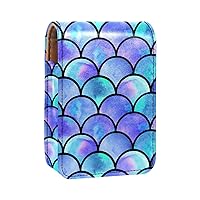 Mermaid Scale Blue Lipstick Case with Mirror for Purse Portable Mini Makeup Bag Travel Cosmetic Pouch Leather Lipstick Case Holder fits 3 Lipstick Lip Gloss