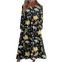 Trendy Long Sleeve Dress for Women Casual Plus Size Fall Winter Midi Dress Elegant Vintage Floral Ruched Flowy Dress