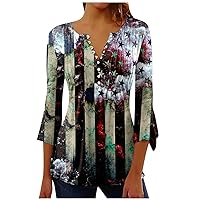 Ladies 4Th of July Shirts Women American Flag Patriotic 3/4 Sleeve Shirt Independence Day Crewneck Cute Tunic Tops