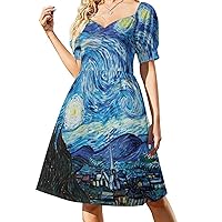 Woman Starry Night Art Sweetheart Neck Puff Sleeve Dress (Size 2XS to 6XL)