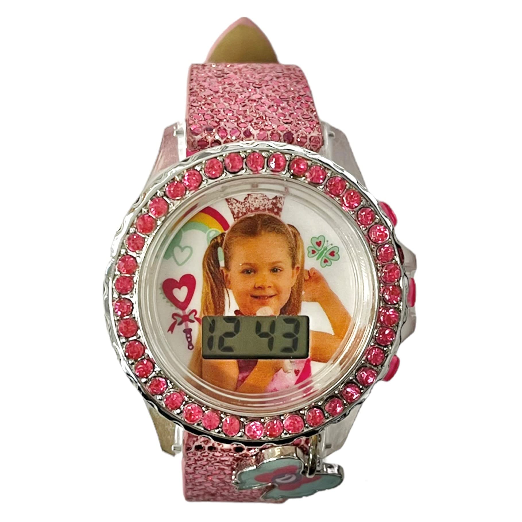 Accutime Kids Love, Diana Show Digital Quartz Pink Wrist Watch with Hanging Charm, Silver Bezel, Rhinestones, Pink Glitter Strap for Girls and Boys with Flashing LED Lights (Model: LDA4011AZ)