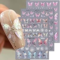 6Sheets Aurora Shell Pink Butterfly Nail Stickers 5D Embossed Color Shiny Butterfly Nail Decals Watercolor Butterflies Luxury Self-Adhesive DIY Manicure Accessories Nail Art Decorations