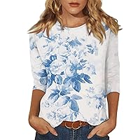 Womens Tops Summer 3/4 Sleeve Casual Floral Print Tops Trendy Crew Neck T-Shirt 2024 Chic Light-Colored Blouse for Women