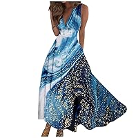 Long Dresses for Women Summer Maxi Casual Dress Sleeveless V Neck Boho Waist Printed Dress