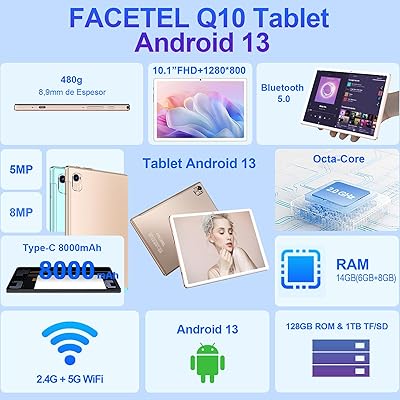 FACETEL Android 13 Tablet 10 inch Octa-Core 2.0 GHz,14GB RAM 128GB  ROM，5+8MP Camera,8000mAh Battery,5G WiFi,Bluetooth 5.0，HD Screen Tablet  with Keyboard Mouse - Gold 