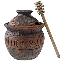 Honey Jar with a Dipper 16oz. Ceramic Honey Pot Made Out of Solid Clay Piece. Honey Container, and a Great Rustic Bowl for Gift (Brown) - Ceramic Beehive Honey Pot with Dipper.