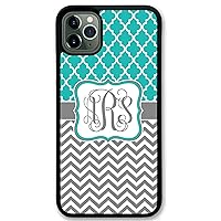 iPhone 11 Pro Max, Phone Case Compatible with iPhone 11 Pro Max 6.5 inch Teal Lattice & Grey Chevrons Monogrammed Personalized iP11Pm