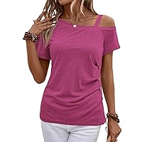 SweatyRocks Women's Ruched Tee Shirt Asymmetrical Neck Solid Cut Out Short Sleeve Tops Hot Pink Medium