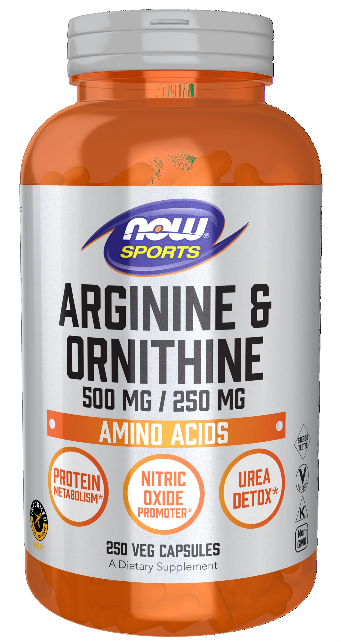 NOW Sports Nutrition, Arginine & Ornithine 500/250 mg, Amino Acids, 250 Veg Capsules