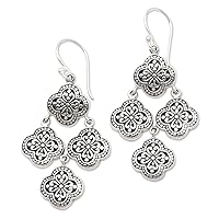 NOVICA Handmade .925 Sterling Silver Chandelier Earrings from Bali No Stone Dangle Indonesia Balinese Traditional [2 in L x 1 in W x 0.1 in D] 'Fourpetaled Flowers'