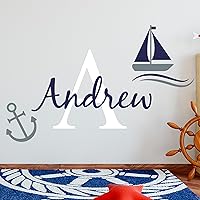 Personalized Boat & Anchor Wall Stickers for Baby Girl or Boy I Custom Name & Initial for Nursery Wall Decor I Wall Decal for Child Room Decorations (Wide 20