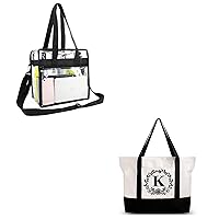 BeeGreen Stadium Clear Bags w Front Pocket and Shoulder Carry Handles & Initial Canvas Tote Bag 12oz Personalized Embroidery Monogrammed Gift Bag w Top Zipper Closure & Pockets for Women