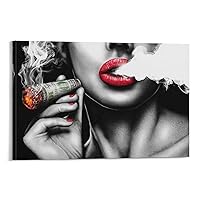 Canvas Wall Art Smoking Woman Sexy Red Lips Burning Money Dollars Black White Painting Abstract Post Canvas Painting Posters And Prints Wall Art Pictures for Living Room Bedroom Decor 16x24inch(40x60