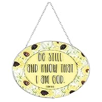 Bee Still Know I am God Yellow Sunflower 9 inch Glass Sun Catcher Suction Cup