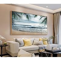 Framed Tropical Beach Wall Art - Ocean Waves Canvas Pictures Coastal Blue Sky and Sea Print Seaside Palm Tree Leaves Scene Painting Artwork Living Room Bedroom Office Home Decor 30