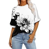 Short Sleeve Womens Shirts Summer Tops for Women 2024 Vintage Print Fashion Casual Loose Fit with Short Sleeve Round Neck Shirts Black XX-Large