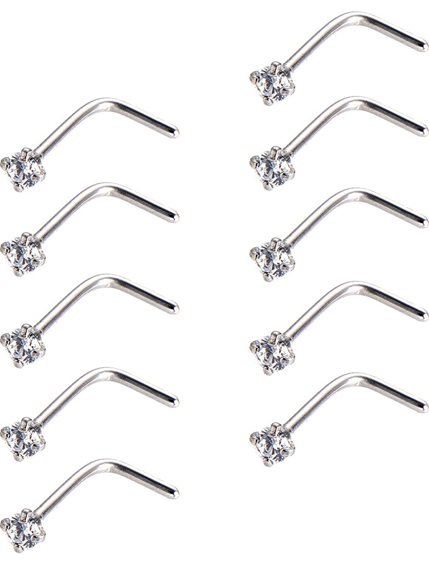 Mudder 10 Piece Curved Nose Stud Steel Nose Ring Cubic Zirconia L Bend Bar Piercing Jewelry, 20 Gauge