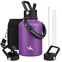 Insulated Water Bottle with Straw,50oz 3 Lids Water Jug with Carrying Bag,Paracord Handle,Double Wall Vacuum Stainless Steel Metal Flask,Purple