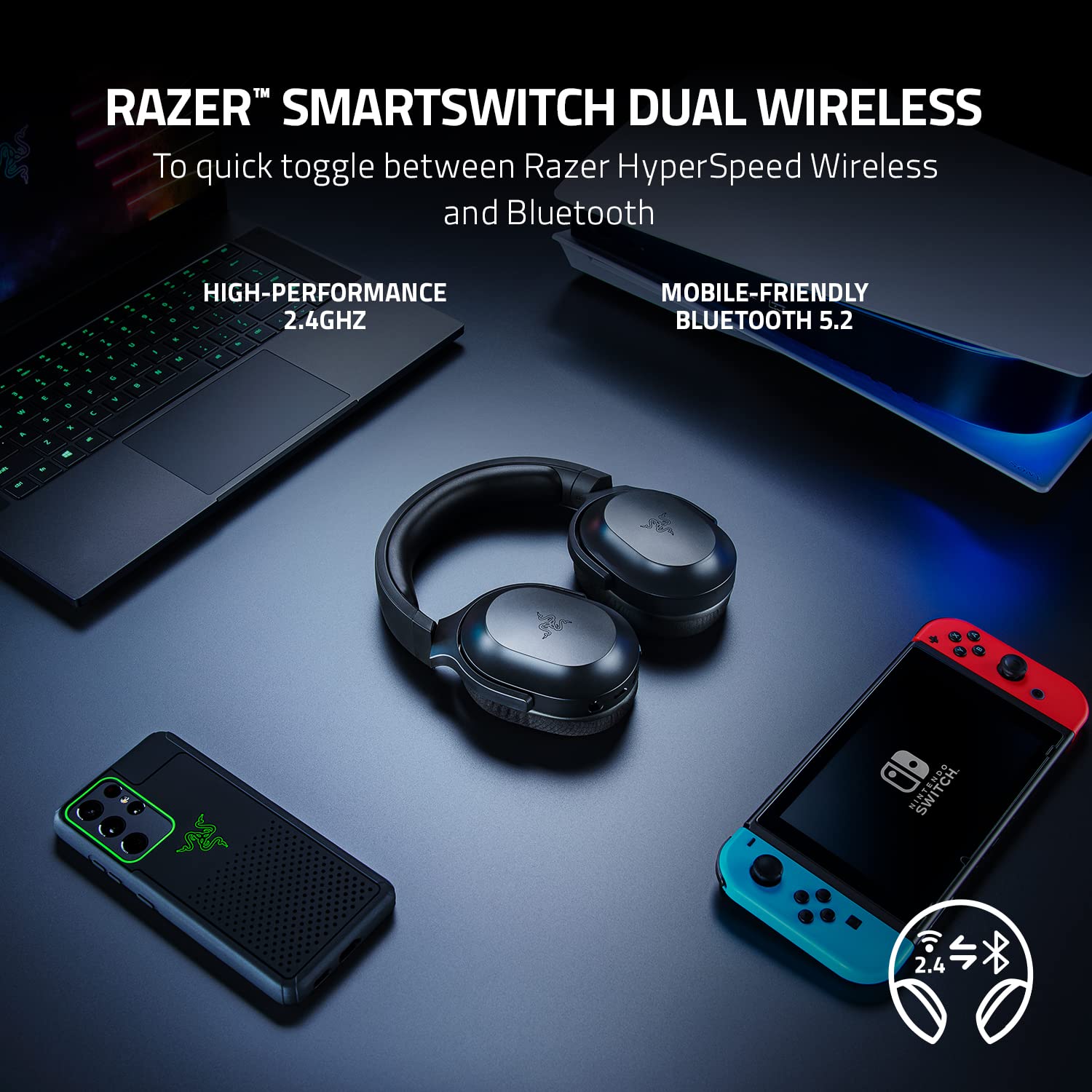 Razer Barracuda X Wireless Gaming & Mobile Headset (PC, Playstation, Switch, Android, iOS): 2.4GHz Wireless + Bluetooth - Lightweight - 40mm Drivers - Detachable Mic - 50 Hr Battery - Black