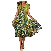 Summer Dresses with Sleeves, Fashion Dress V Neck Short Sleeve Boho Floral Print Flowy Midi Dresses Sun Casual Dresses for Women 2024 Dresses Short Sleve Women Dresses Women (L, Green)