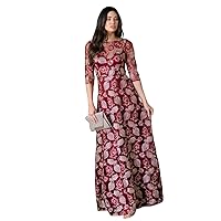 Women 3/4 Sleeves Embroidery Multi Print Gown Maxi Burgundy