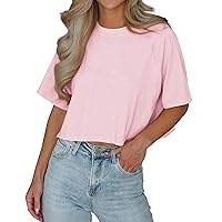 Tankaneo Womens Casual Half Sleeve Cropped T-Shirts Summer Crop Tops Solid Color Round Neck Basic Crop Tees