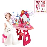 Toddler Makeup Table with Mirror and Chair, Girls Makeup Table Set, Vanity Makeup Table Toy, Kids Makeup Vanity Set, Kids Vanity Set with Lights and Music, Toddlers 2-5 Years Old (Pink)