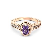 925 Sterling Silver Oval Cut Purple Natural Amethyst Gemstone and Moissanite Cathedral Milgrain Art Deco Vintage Engagement Rings for Women Size 4 to 10