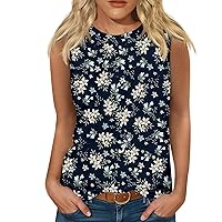 Womens Sleeveless Pullover Tops 2024 Stretch Crew Neck Casual Loose Fit Tank Tops Comfy Printing Trendy T-Shirt