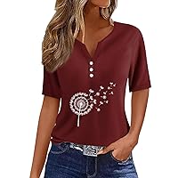 Women's Short Sleeve Tops Cute Dandelion Printed Comfy Loose Shirts Trendy V Neck Button Down Summer Tops