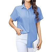 siliteelon Womens Short Sleeve Button Down Shirts Dress Shirt for Women Casual V Neck Solid Collared Blouse Tops with Pocket