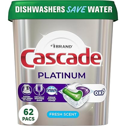 Cascade Platinum Dishwasher Soap Pods, Actionpacs + Oxi with Dishwasher Cleaner and Deodorizer Action, Fresh, 62 Count of Dish Detergent Pods