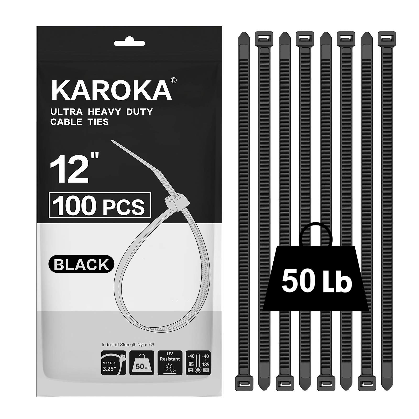 Zip Ties 12 inch (100 Pack), Black, 50 lb, UV Resistant Cable Ties for indoor and outdoor use, by Karoka