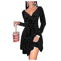 Women’s Sequin Velvet Fit and Flare Mini Wrap V Neck Dress Long Sleeve Party Club A Line Skater Dress