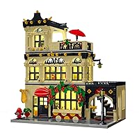 City Restaurant Architecture Building Kit with LED Lights,3 Levels City Restaurant Model Building Blocks Toy,for 12+Age Teen,Adult（1489 Pieces）